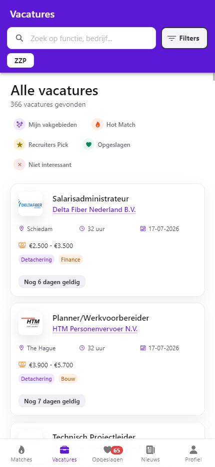 1UPPLY vacaturescherm met zoeken, filters en vacaturekaarten