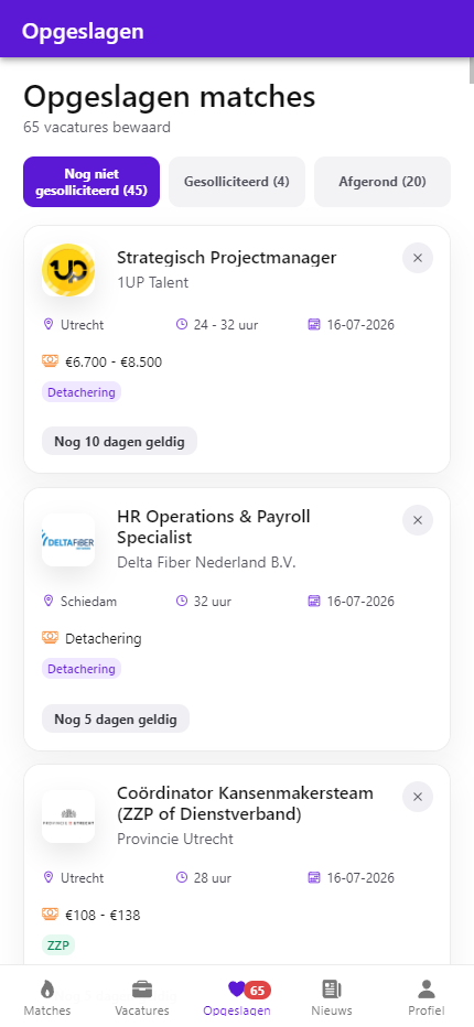 1UPPLY opgeslagen matches en sollicitaties